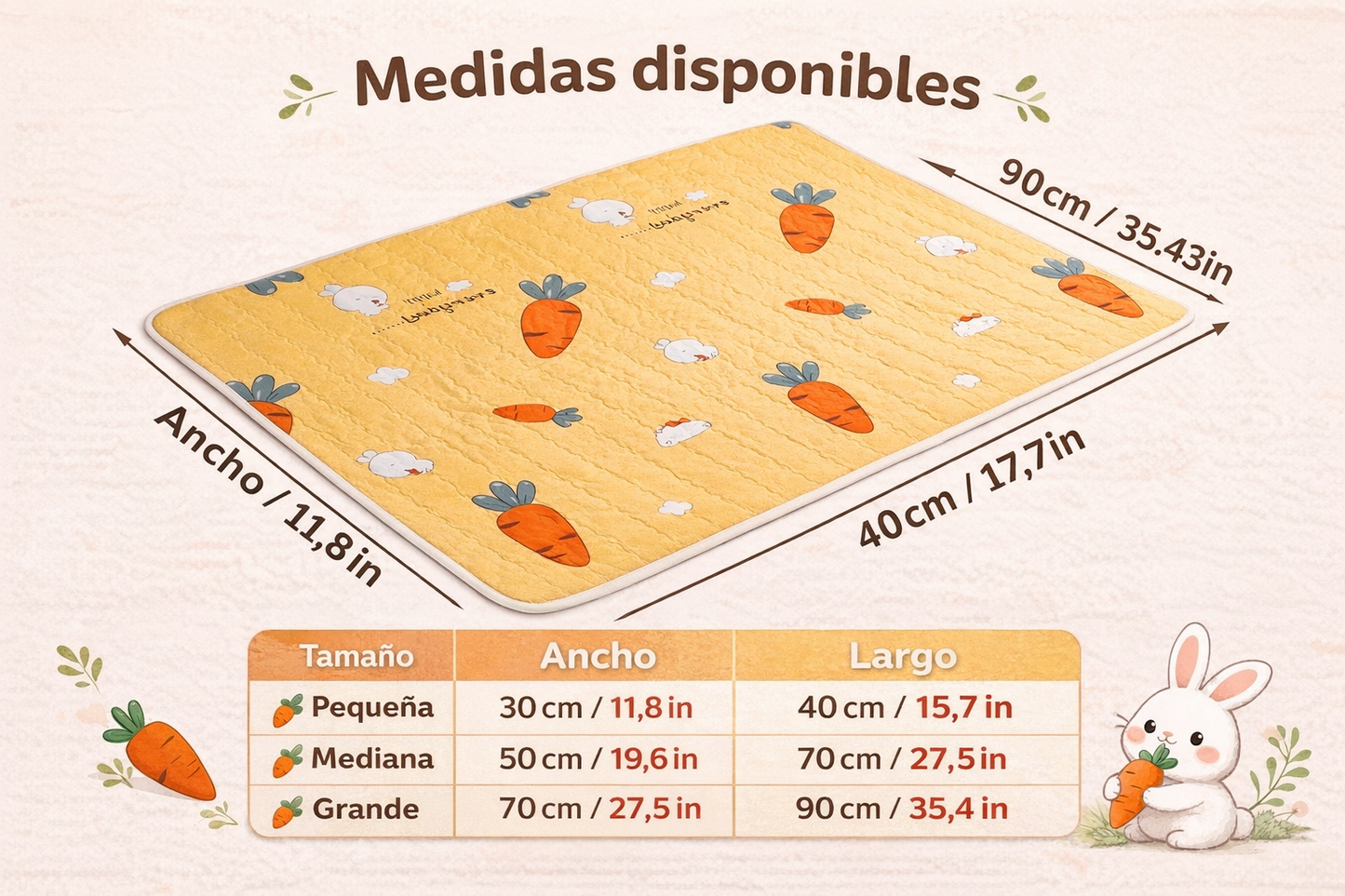 Alfombra Absorbente para Conejos – Base Antideslizante Lavable Diseño Zanahorias